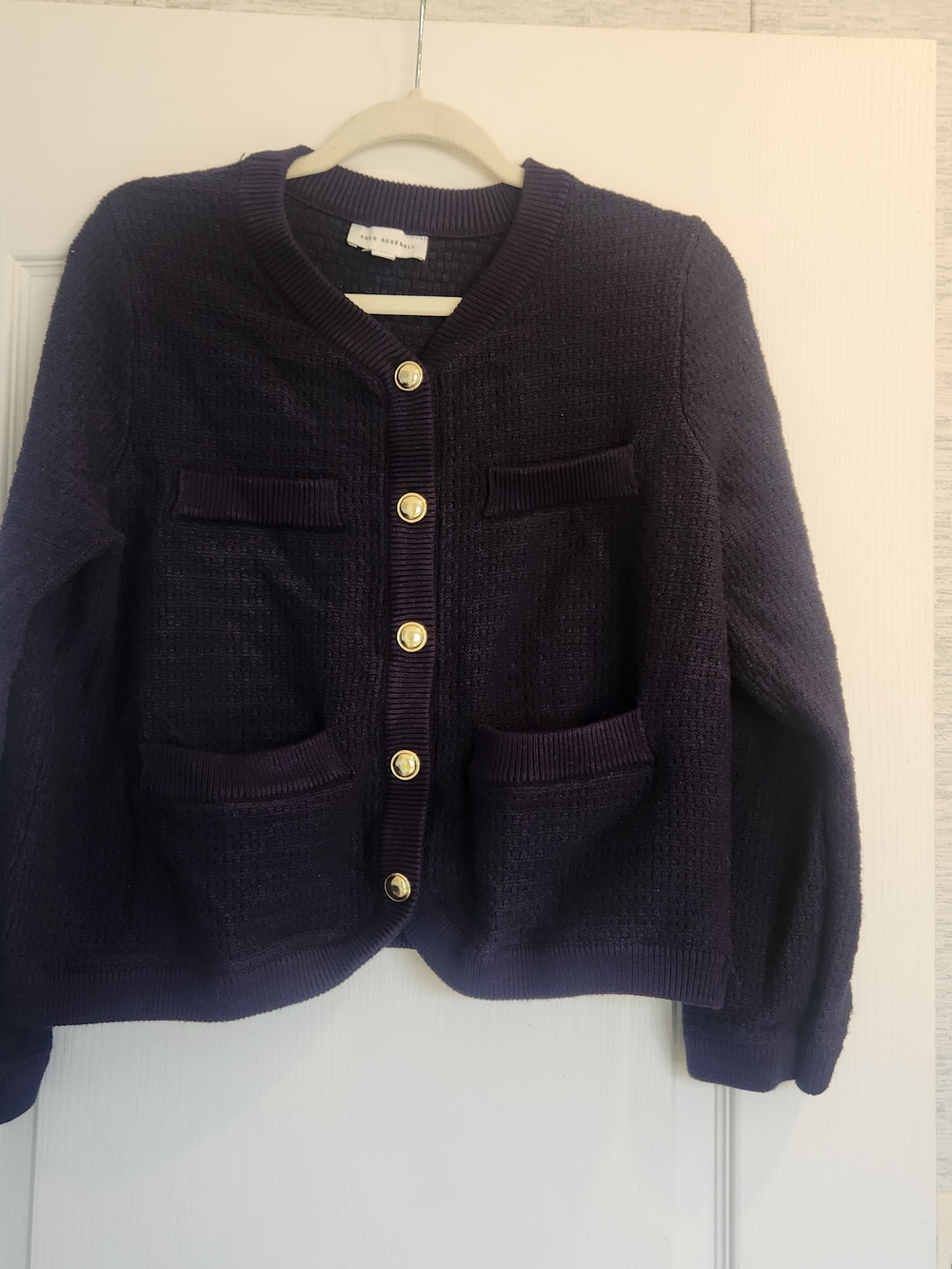 Free Assembly Dark Navy Textured Button-Front Women's Cardigan L Euc